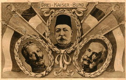 İttifak devletleri liderlerini gösteren Alman kartpostalı. Ortada V. Mehmed