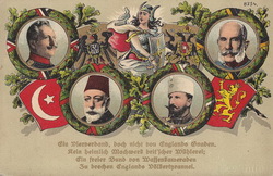 İttifak devletleri liderlerini gösteren Alman kartpostalı. Almanya, Osmanlı, Bulgaristan, Avusturya-Macaristan