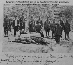 Balkan Savaşında Pierre Loti'nin el yazısıyla tarihe düştüğü not: Havsa yakınlarında Bulgar mezalimine dair gördüğü tablo. Öldürülerek kuyulara atılmış Müslüman cenazeleri çıkartılıyor