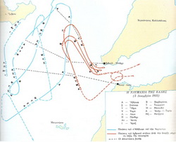 İmroz Muharebesi. Kırmızı: Türk, Mavi: Yunan gemileri
