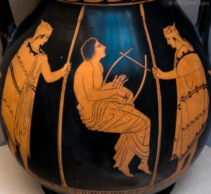 Greek vase played by the Thracian poet Orpheus for two Thracian warriors